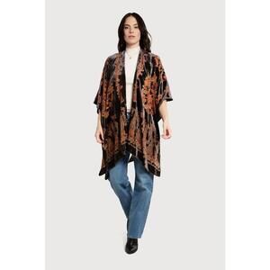 Sacchi Floral Velvet Ruana Coverup OS Black Brown Cape Shawl 3/4 Sleeves Boho
